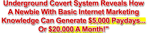 "Underground Covert System Reveals How A Newbie With Basic Internet Marketing Knowledge Can Generate $5,000 Paydays... Or $20,000 A Month!"